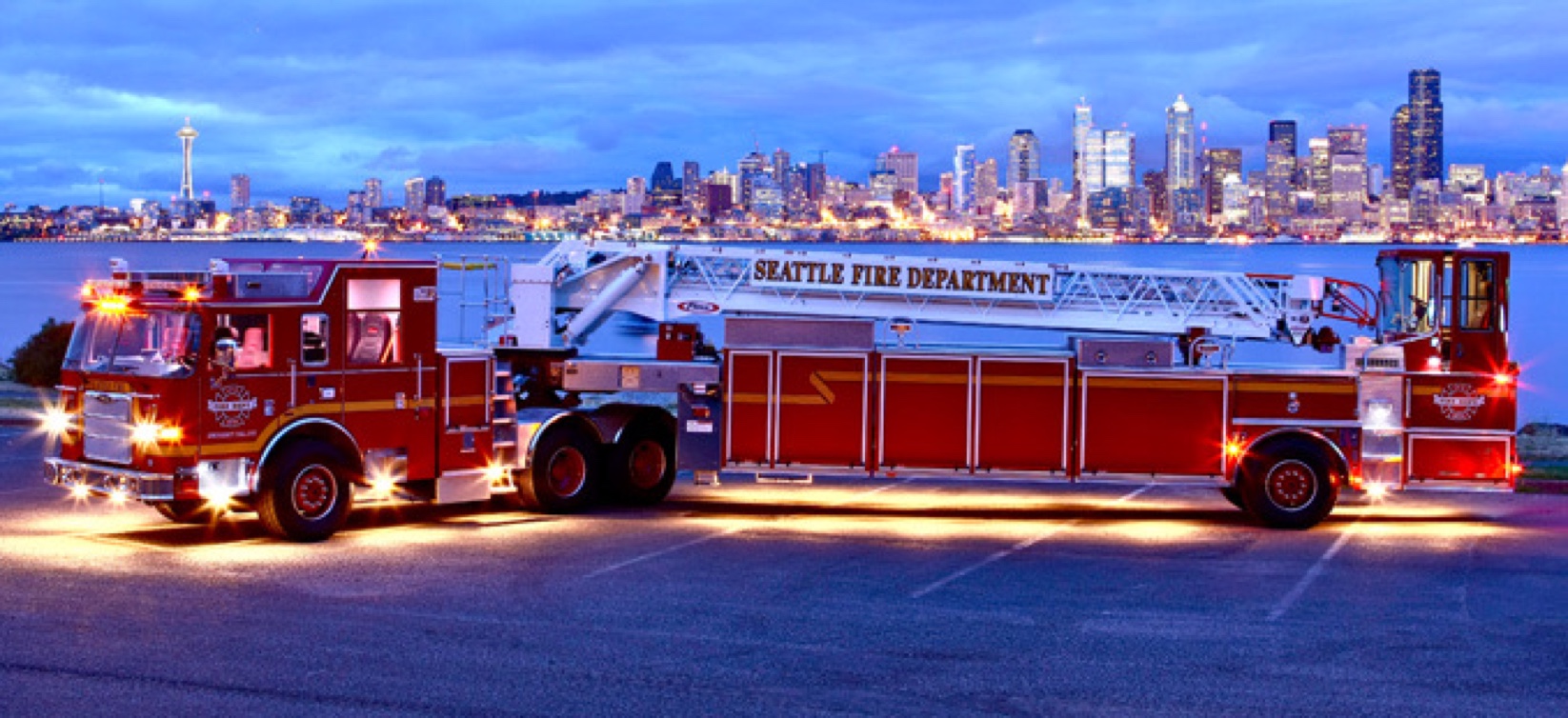 firetruck in front of city of seattle